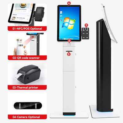 LX9045 LUNSUN OEM ODM Floor Standing 23.6 Inch Curved Touch Screen All in One Service Self Ordering Payment Kiosk for Hotel